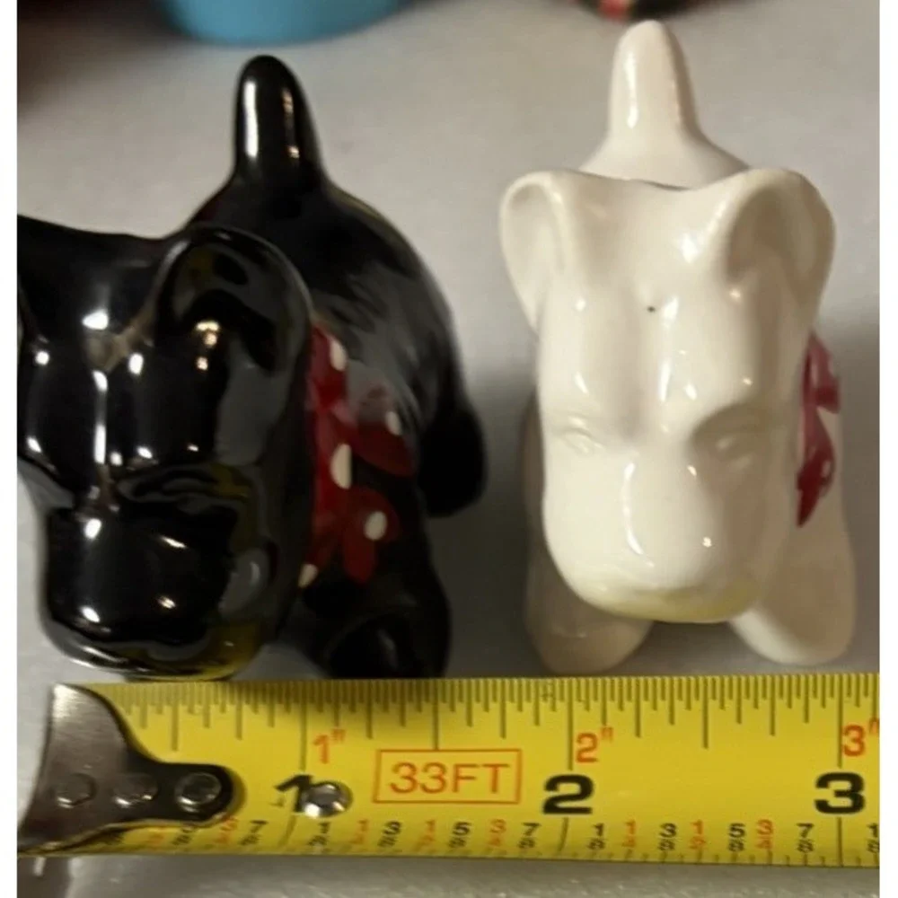 Vintage Japan Scottie Dog Salt Pepper Shakers Black White Red Polka Dot Bow